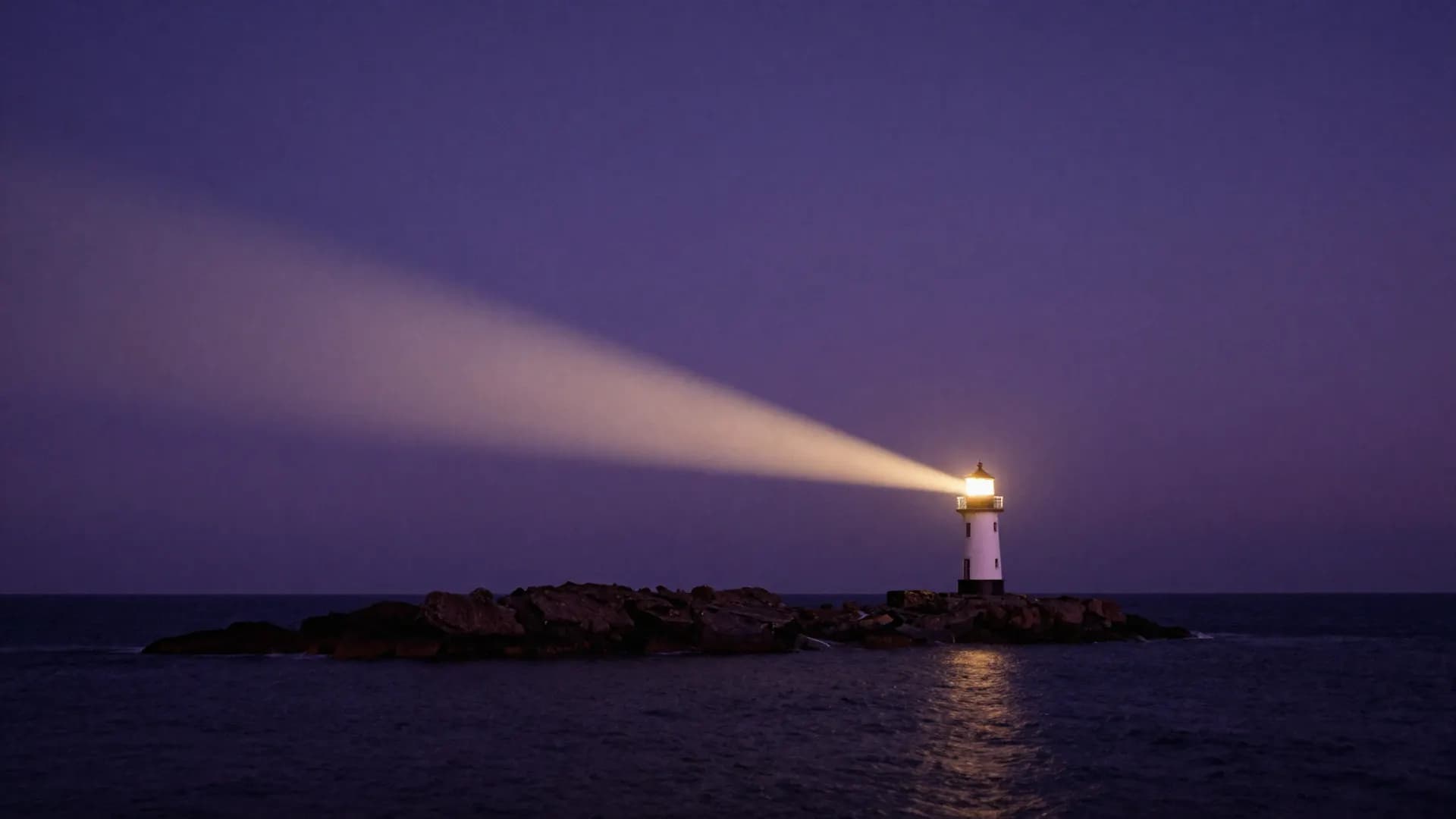 A lighthouse sweeping a warm beam across a dark sea at night
