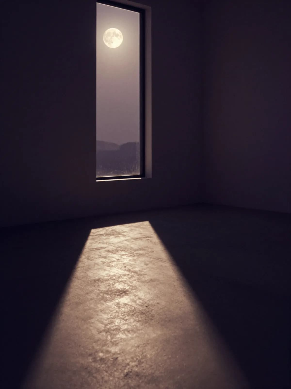 Moonlight pooling on a dark concrete floor through a tall window